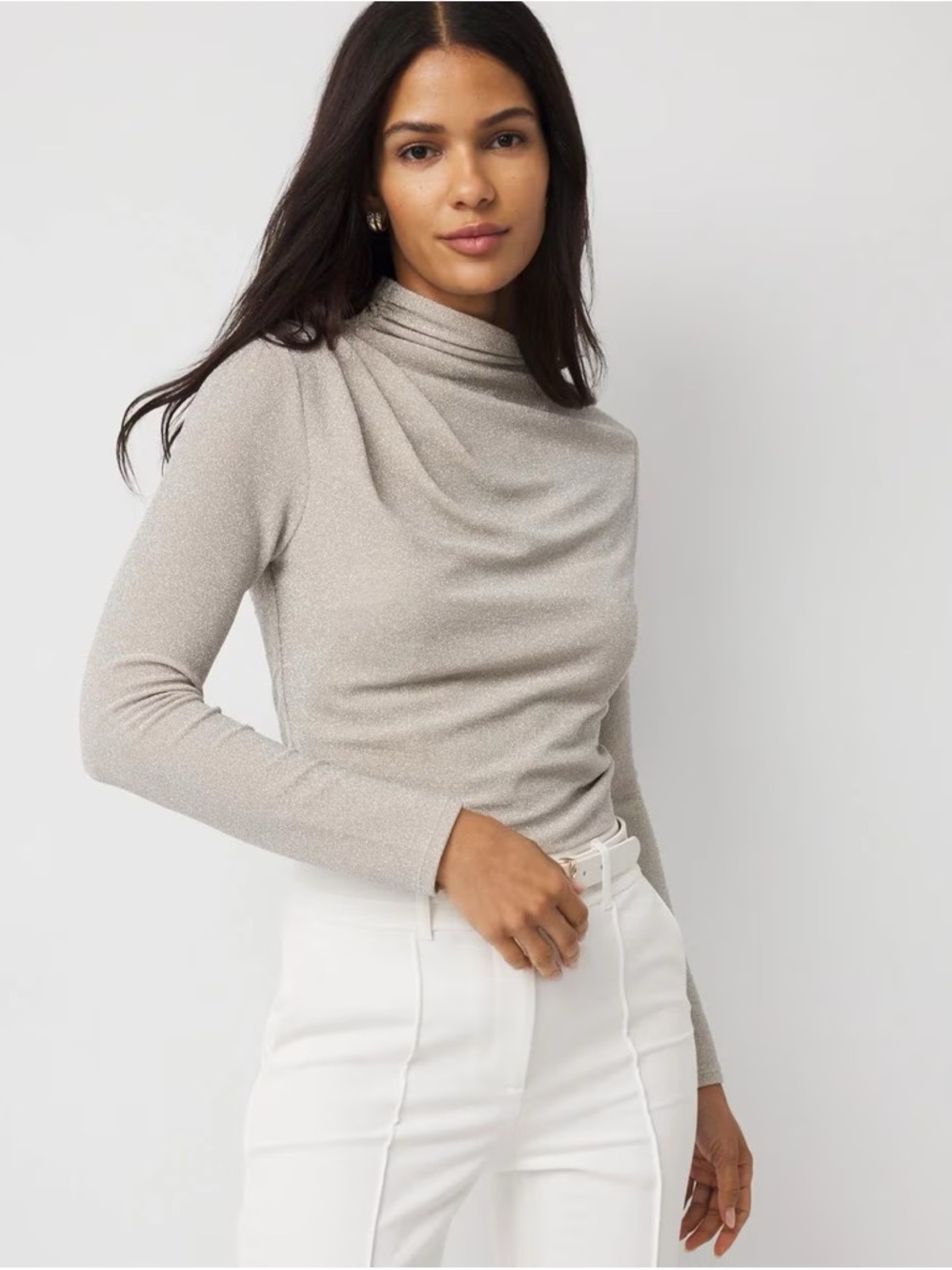 Draped Neck Long-Sleeve Sweater in Light Taupe
